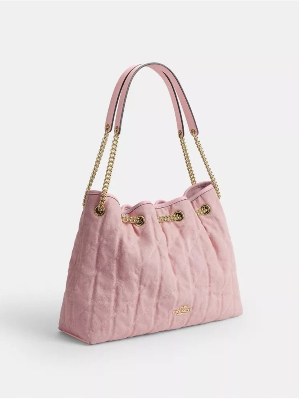 Coach Evelyn Pink Quilted Drawstring Shoulder Bag with Gold Chain